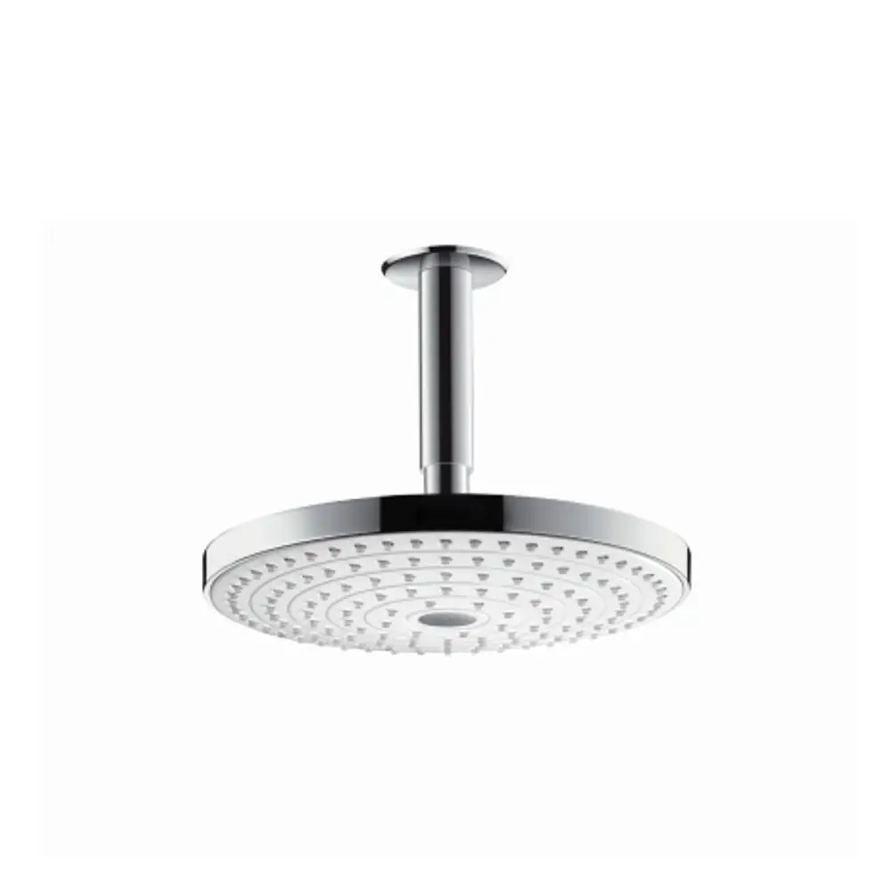 Hängende Kopfbrause von Hansgrohe mit flacher, runder Brausefläche und Deckenanschluss in Weiß und Chrom. Brausekopf mit vielen kleinen Düsen für einen gleichmäßigen Wasserfluss.